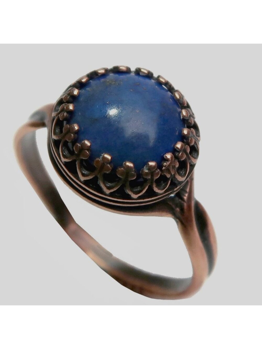 Lapis Lazuli Ring Round Blue Gem Antiqued Copper Adjustable Size 5 to 8 Jewelry